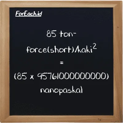 Cara konversi ton-force(short)/kaki<sup>2</sup> ke nanopaskal (tf/ft<sup>2</sup> ke nPa): 85 ton-force(short)/kaki<sup>2</sup> (tf/ft<sup>2</sup>) setara dengan 85 dikalikan dengan 95761000000000 nanopaskal (nPa)
